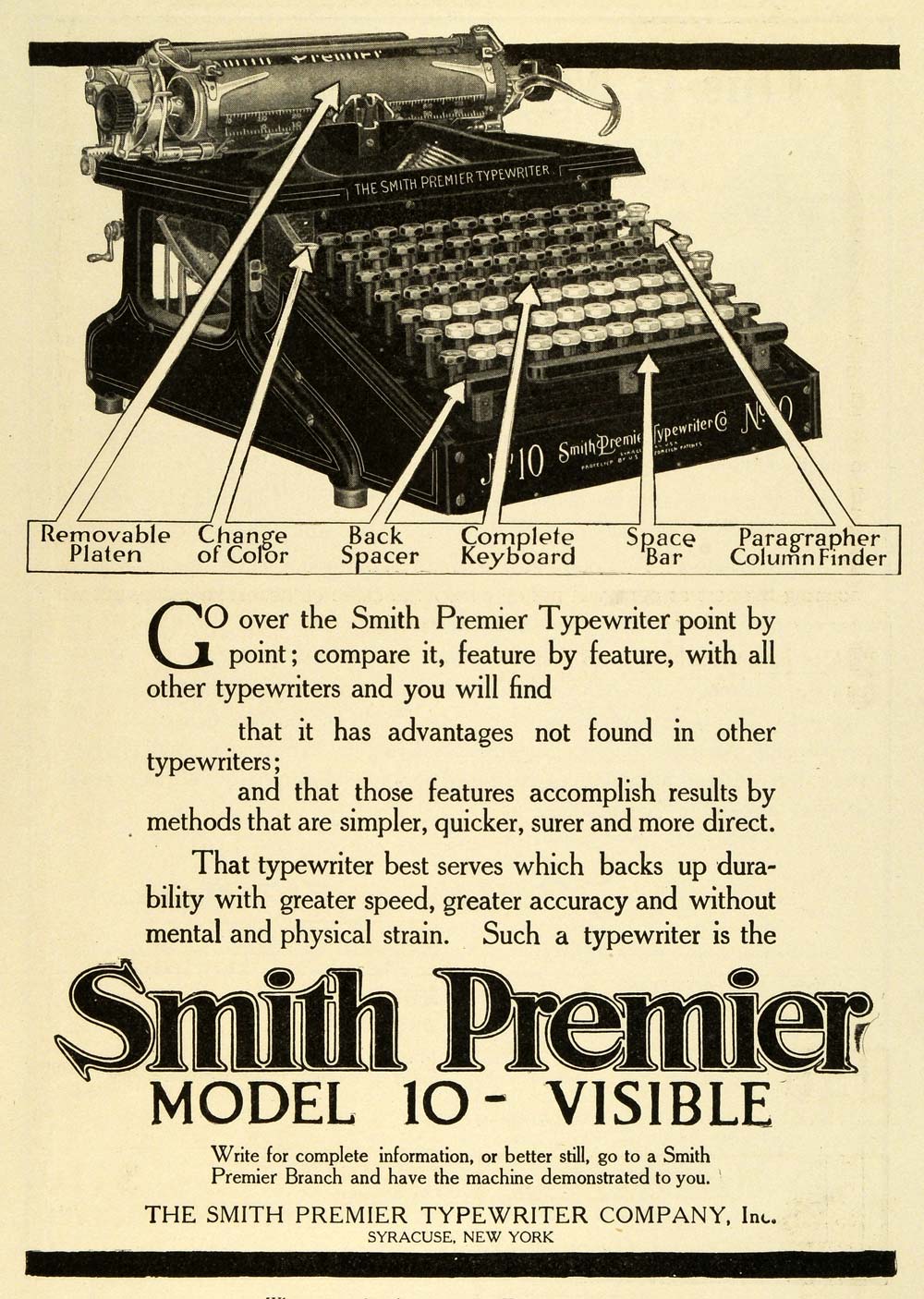 1910 Ad Antique Smith Premier Typewriter Model 10 Visible Diagram Typing HM2