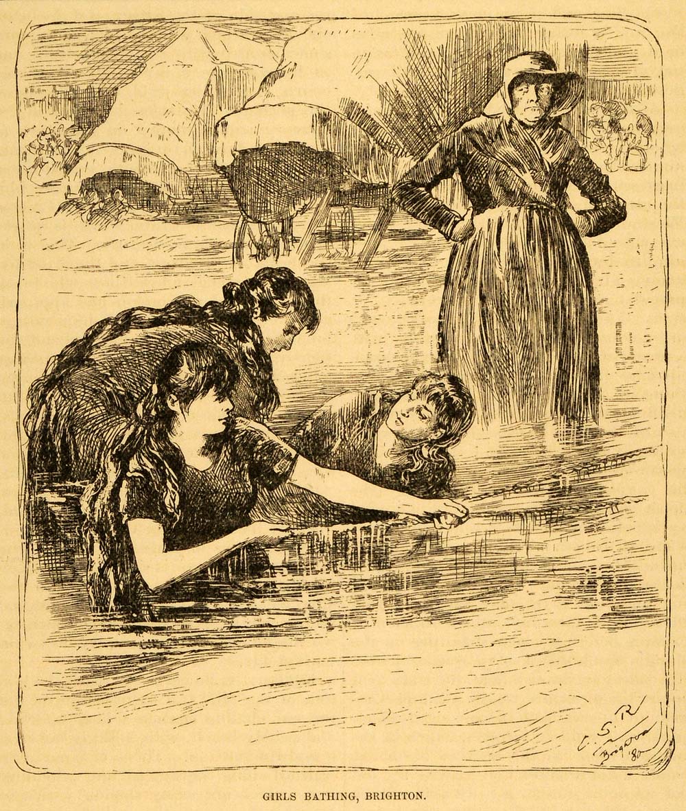 1881 Print Brighton Beach England Sussex Victorian Women Seashore East HNM1