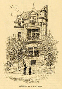 1885 Print C E Hawley Residence Washington DC Building Vintage Painting HNM1
