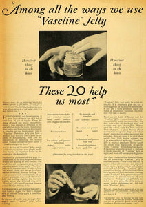 1927 Ad Vaseline White Jelly Uses Chesebrough Mfg - ORIGINAL ADVERTISING HOH1