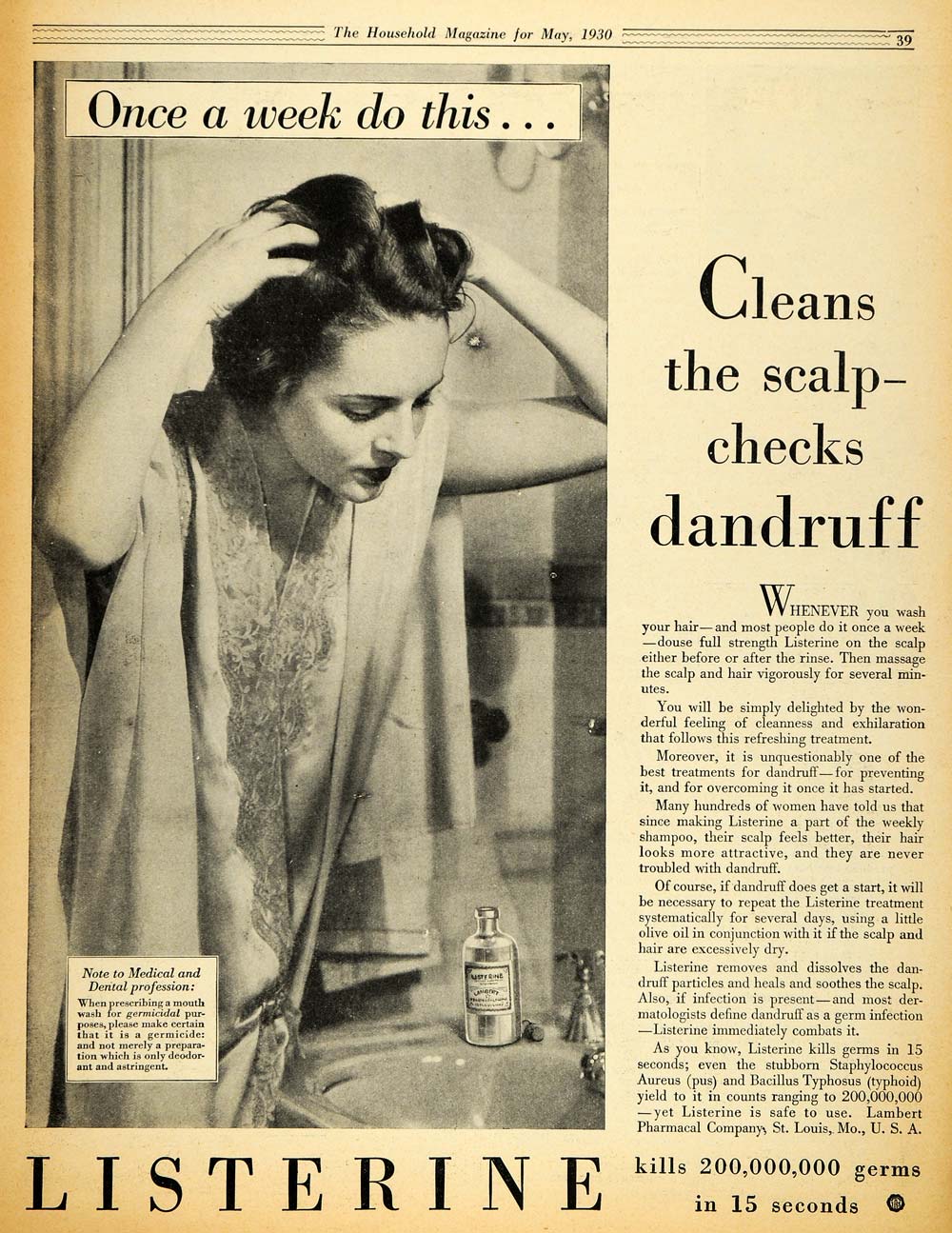 1930 Ad Listerine Dandruff Scalp Massage Hair Germicide - ORIGINAL HOH1
