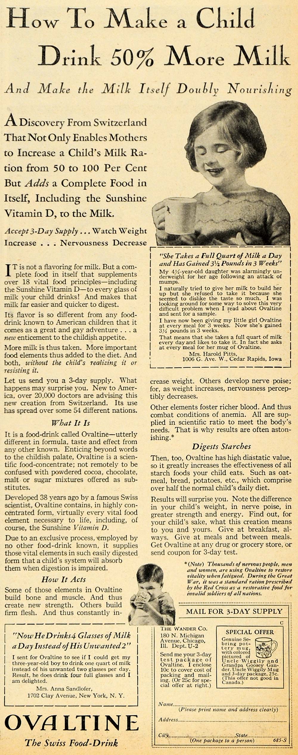 1930 Ad Ovaltine Swiss Food Drink Vitamin D Milk Child - ORIGINAL HOH1