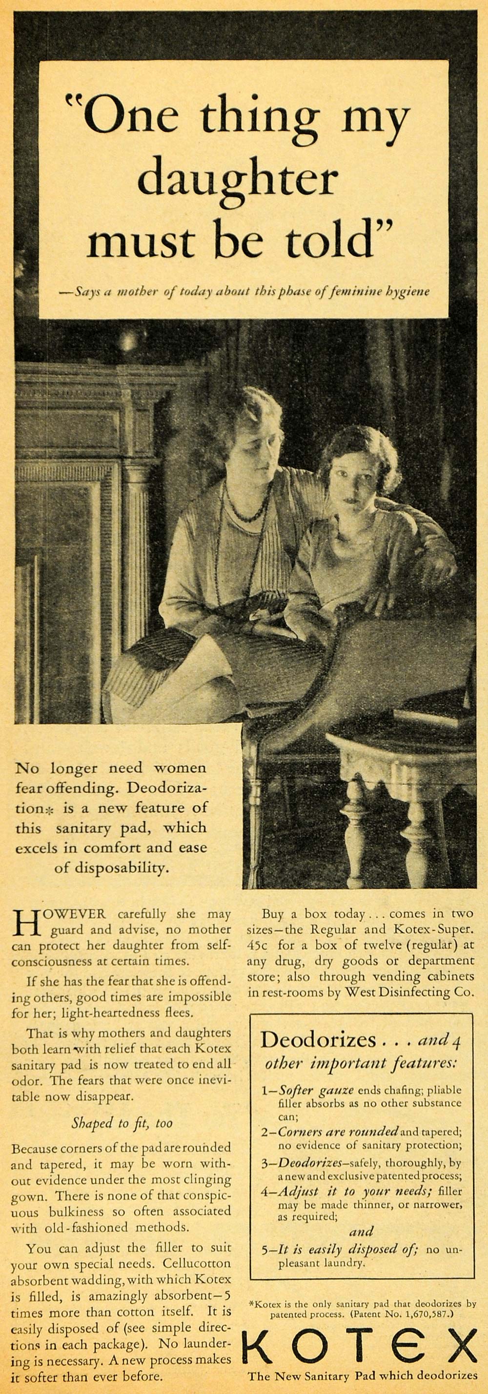 1929 Ad Mother Daughter Kotex Deodorizing Sanitary Pads - ORIGINAL HOH1