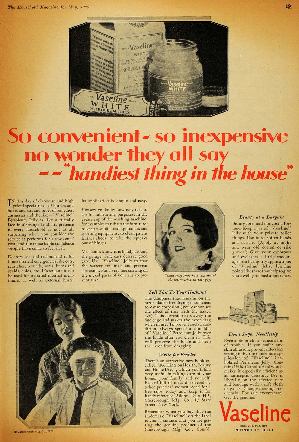 1928 Ad Vaseline Petroleum White Jelly Uses Husband - ORIGINAL ADVERTISING HOH1