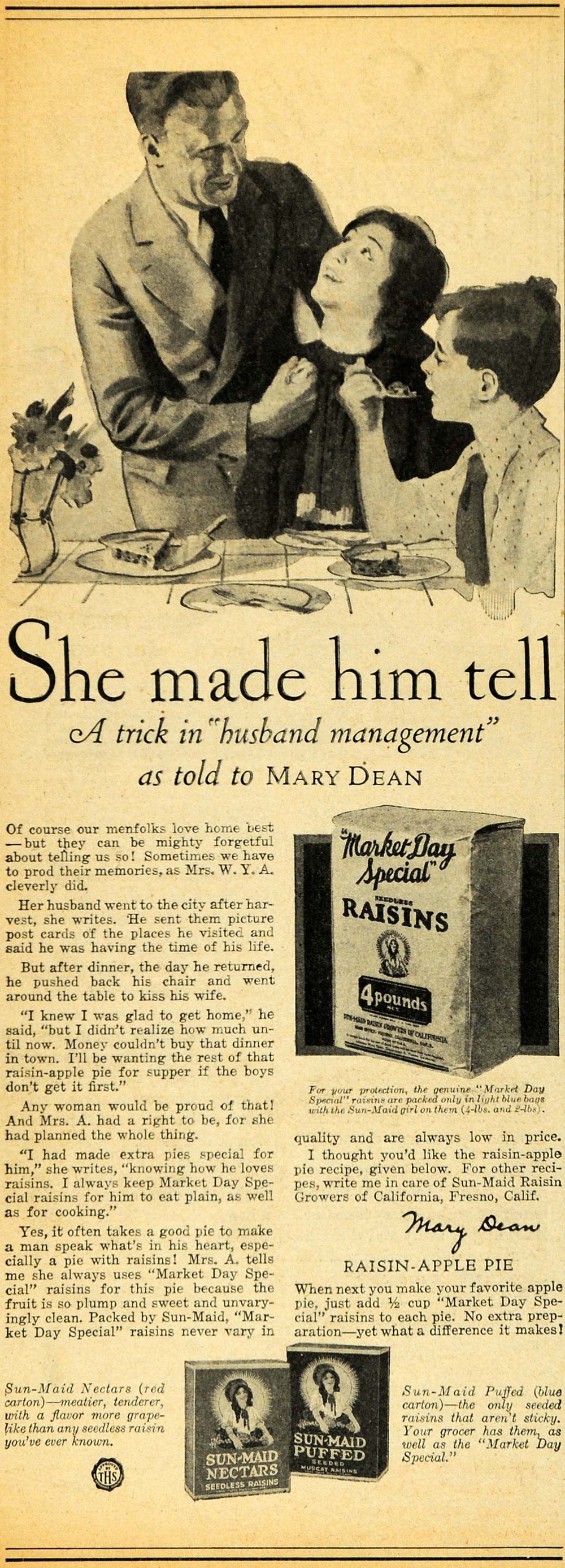 1928 Ad Husband Management Mary Dean Sun-Maid Raisins - ORIGINAL HOH1