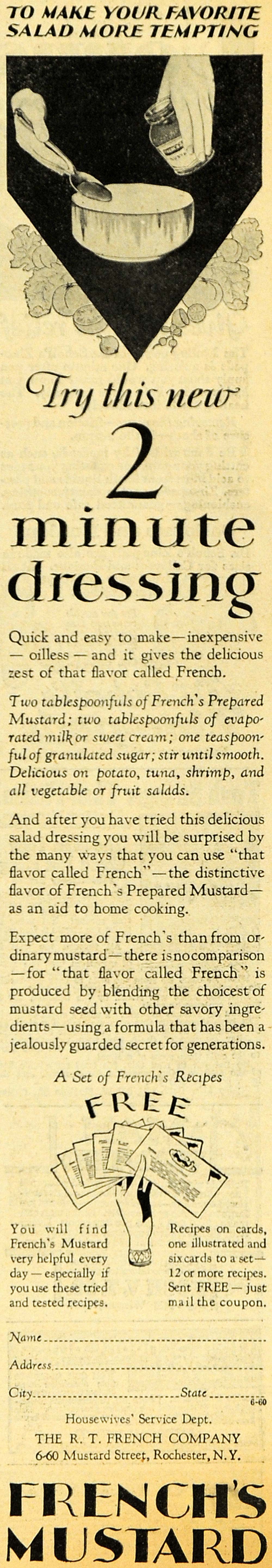 1929 Ad French's Mustard Two Minute Dressing Recipe - ORIGINAL ADVERTISING HOH1