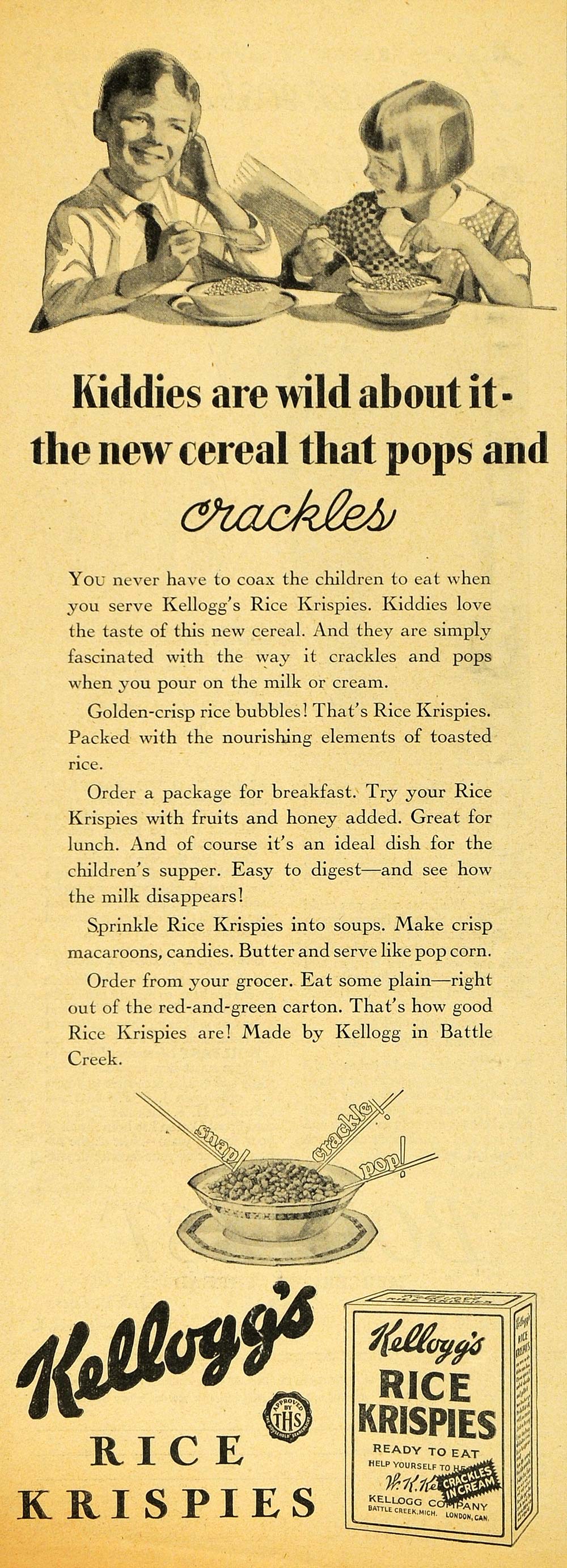 1929 Ad Kellogg's Rice Krispies Children's Cereal - ORIGINAL ADVERTISING HOH1