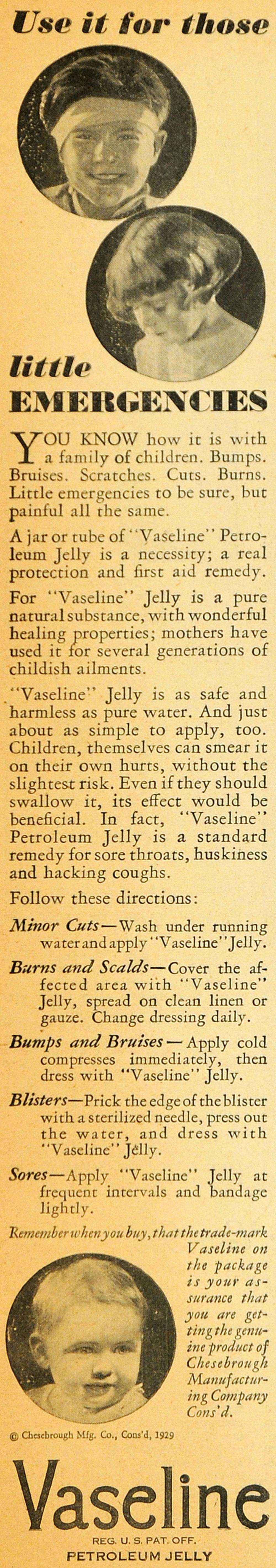 1929 Ad Vaseline Petroleum Jelly Kids First Aid Uses - ORIGINAL ADVERTISING HOH1