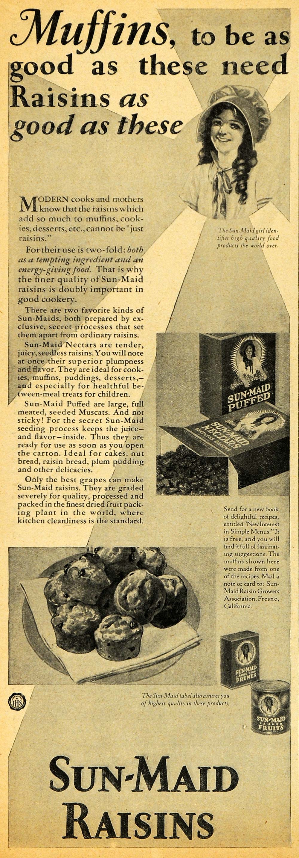 1929 Ad Sun-Maid Girl Raisins Dried Fruit Bake Muffins - ORIGINAL HOH1