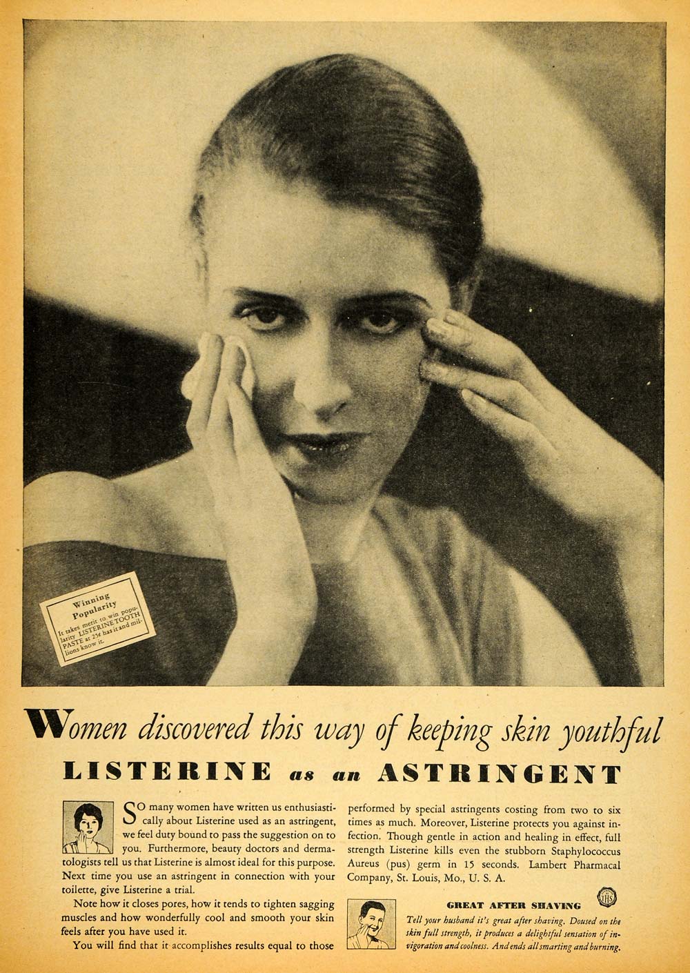 1929 Ad Astringent Listerine After Shave Skin Care - ORIGINAL ADVERTISING HOH1