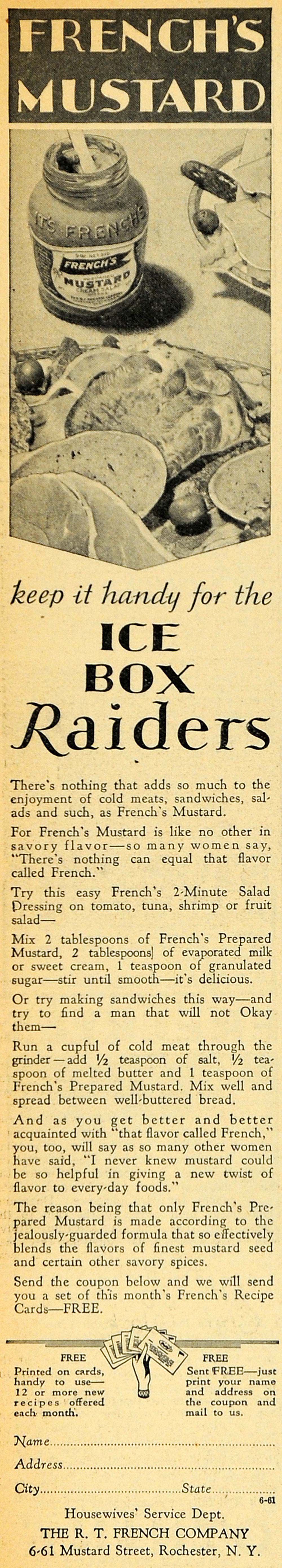 1929 Ad Ice Box Raiders R.T. French's Mustard Condiment - ORIGINAL HOH1