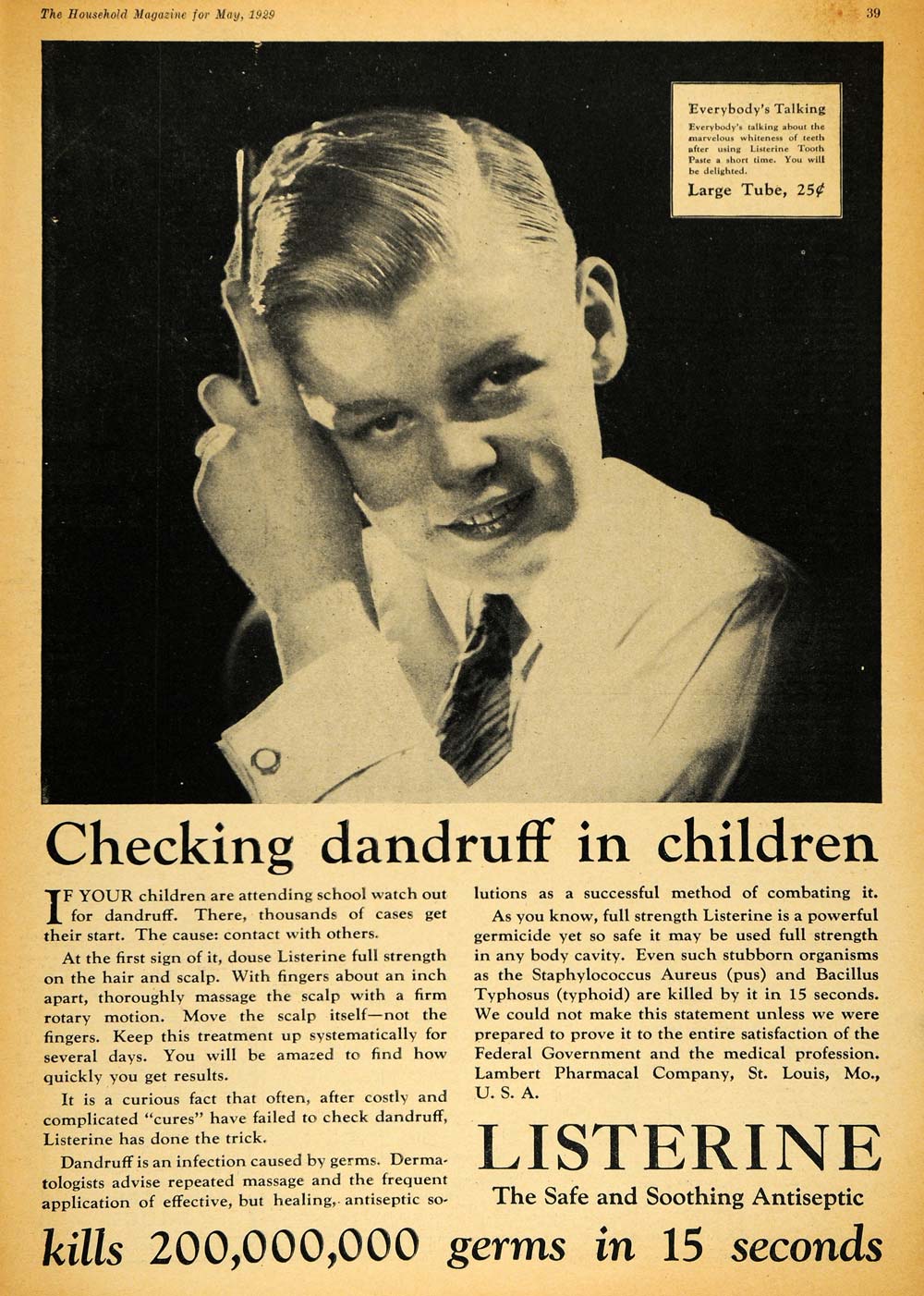 1929 Ad Children's Dandruff Listerine Antiseptic Germs - ORIGINAL HOH1