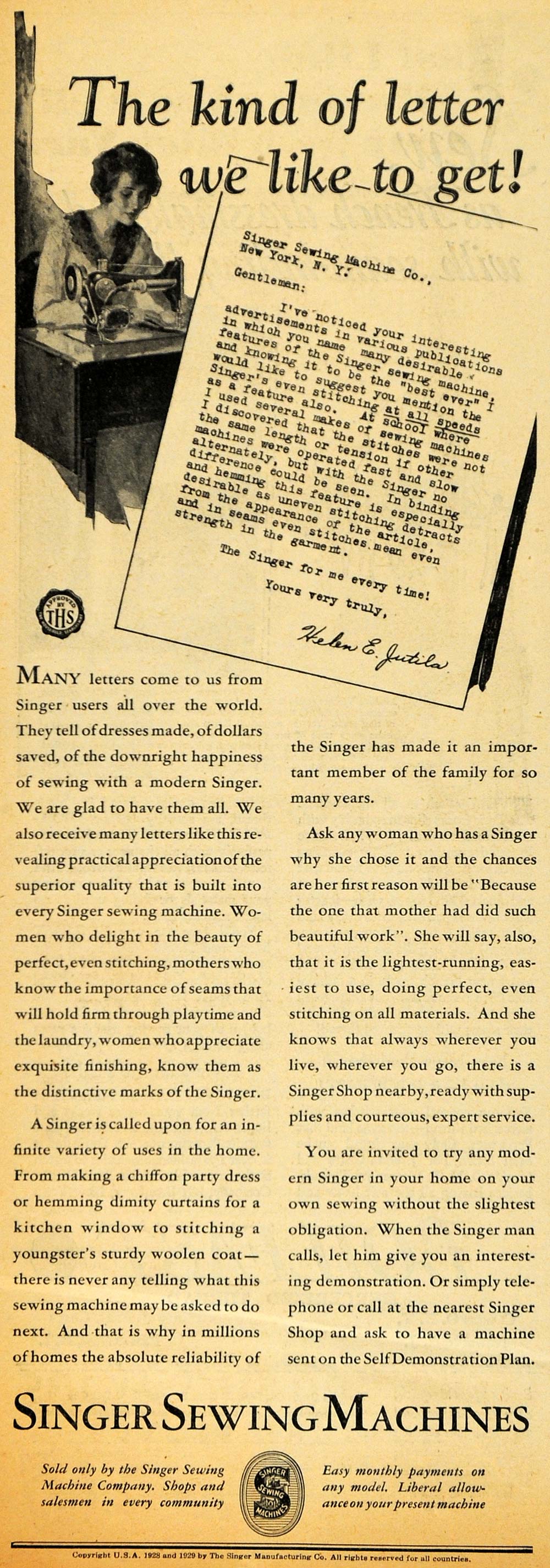 1929 Ad Singer Sewing Machine Helen E. Jutila Letter - ORIGINAL ADVERTISING HOH1