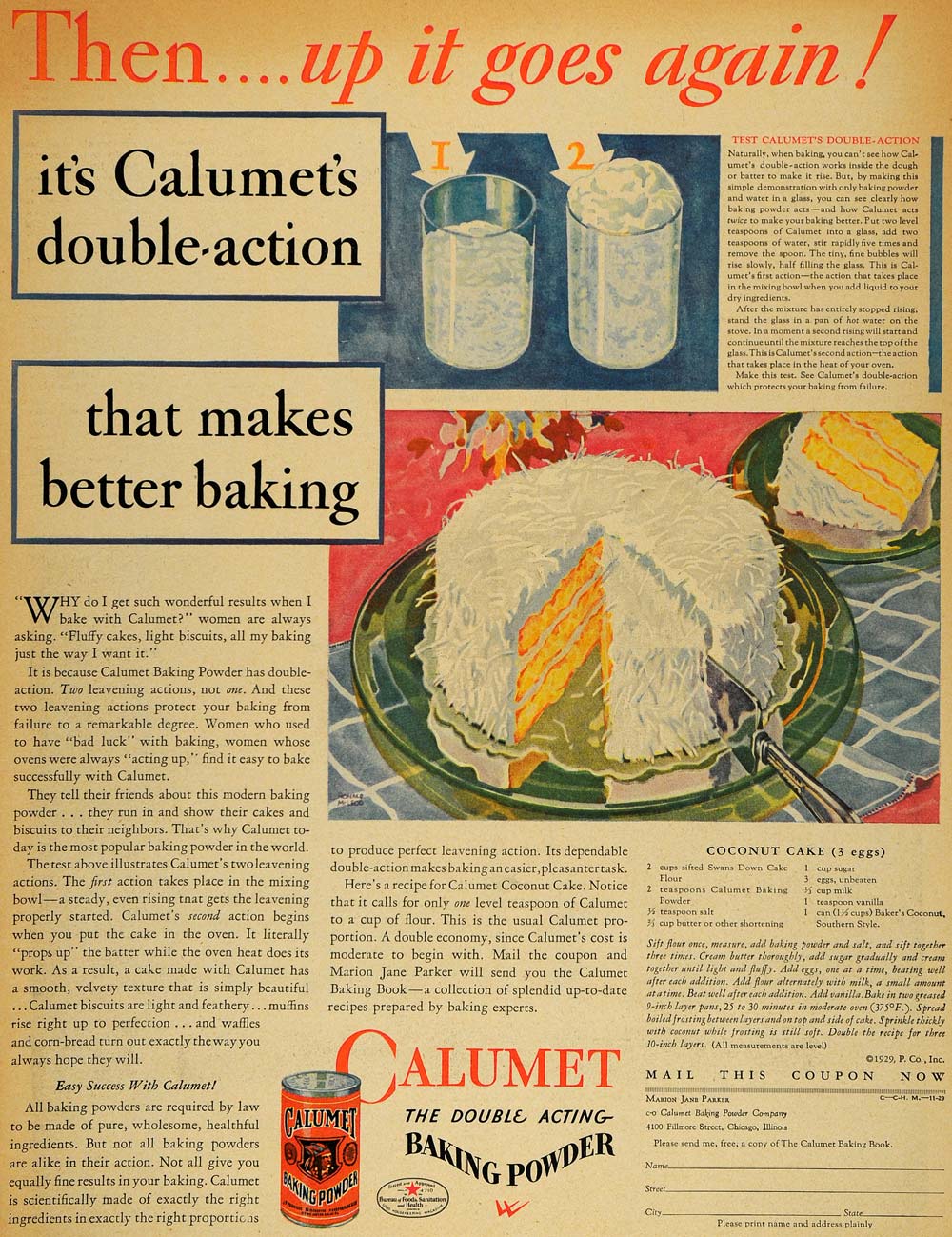 1929 Ad Calumet Baking Powder Coconut Cake Recipe - ORIGINAL ADVERTISING HOH1
