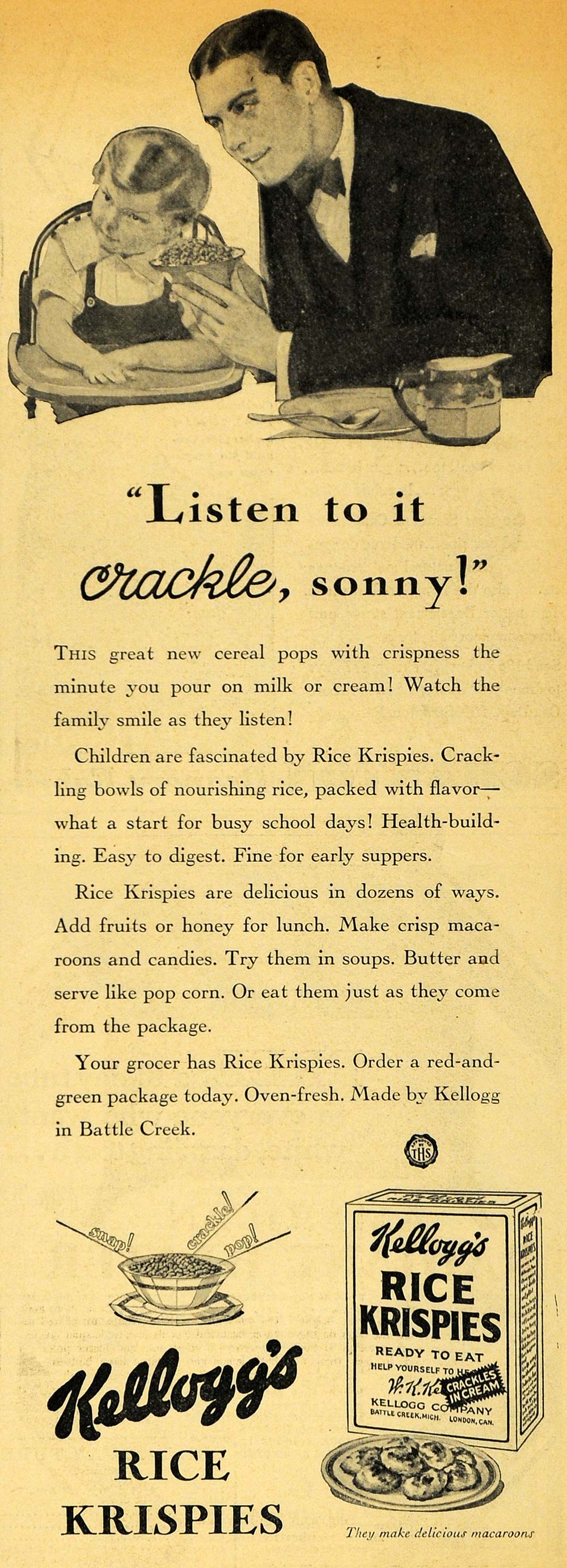 1929 Ad Kellogg's Rice Krispies Cereal Father Sonny Son - ORIGINAL HOH1