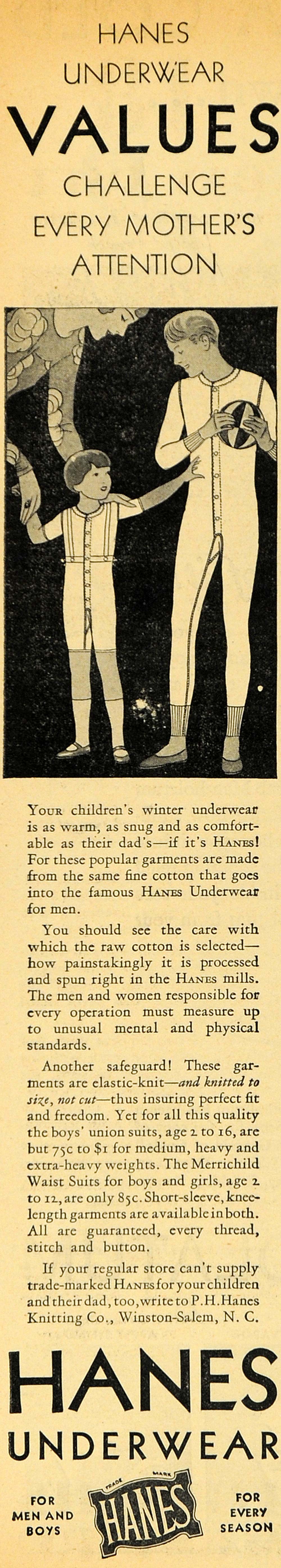 1929 Ad Hanes Long Underwear Father Son Undergarments ORIGINAL HOH1