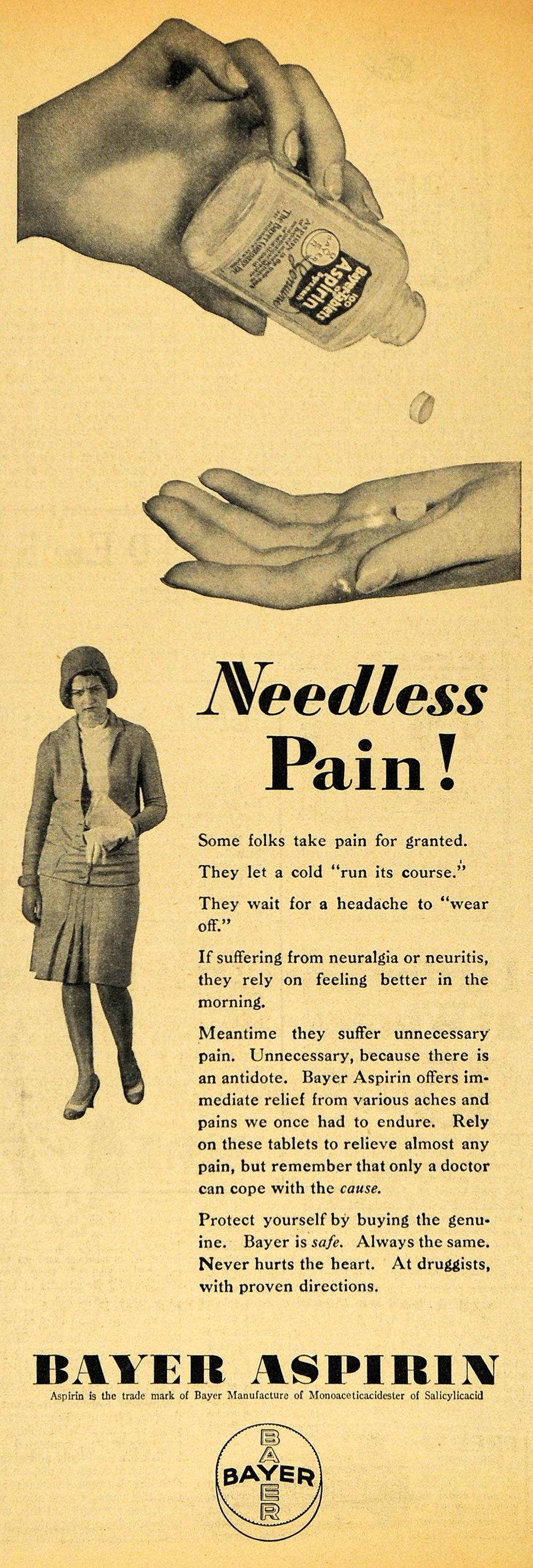 1929 Ad Bayer Aspirin Flapper Fashion Pain Relief ORIGINAL ADVERTISI