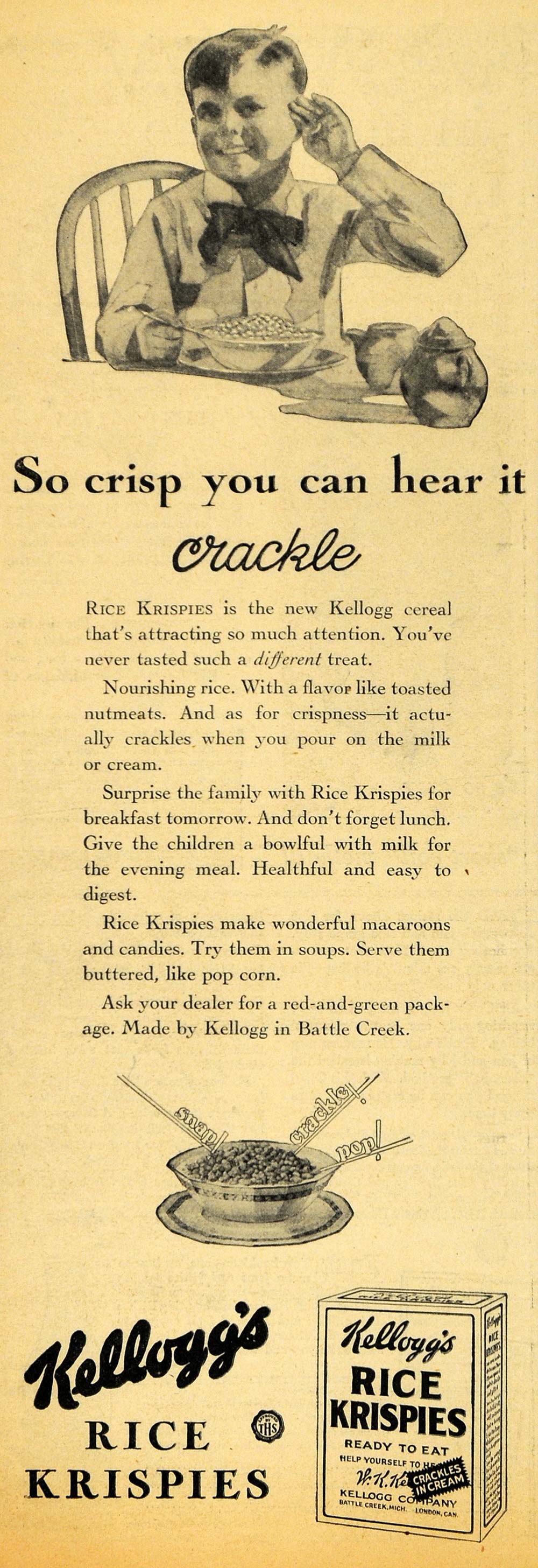 1929 Ad Kelloggs Rice Krispies Breakfast Crackle Cereal - ORIGINAL HOH1
