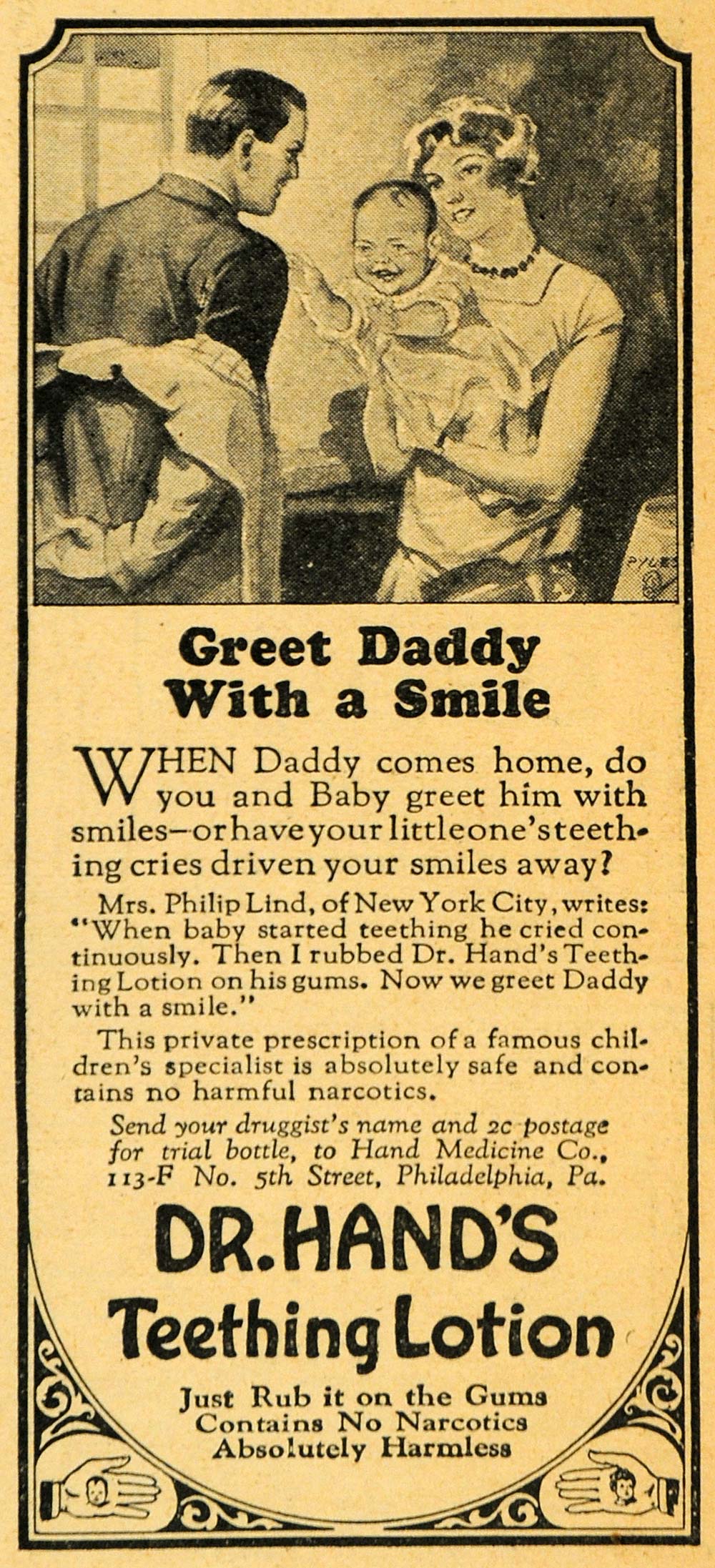 1927 Ad Dr. Hand's Teething Lotion Philip Lind Daddy - ORIGINAL ADVERTISING HOH1