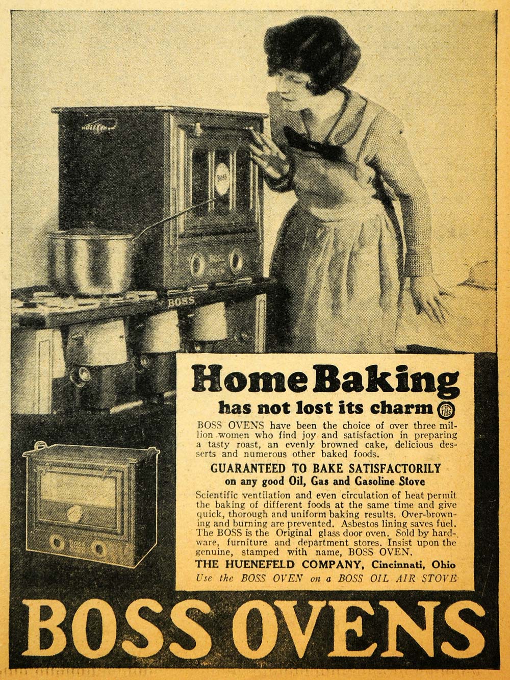 1928 Ad Huenefeld Boss Ovens Stove Household Appliance - ORIGINAL HOH1