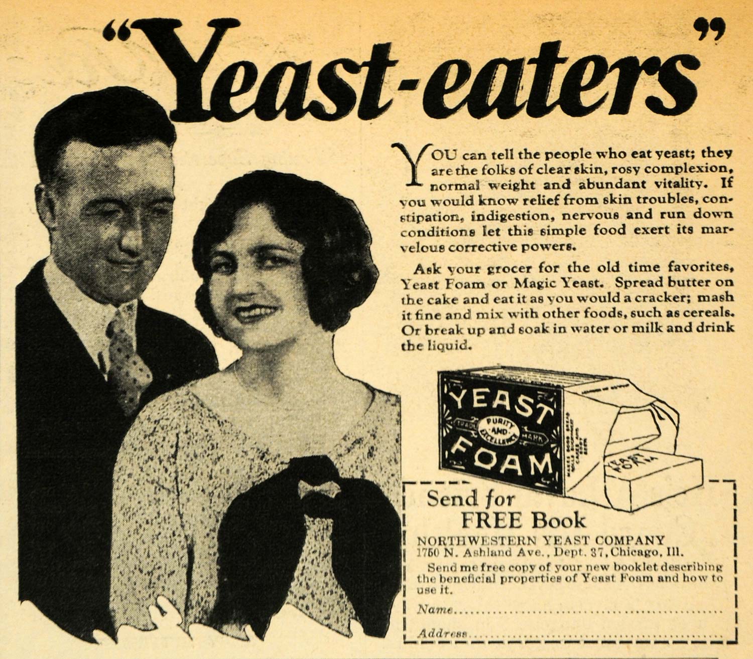 1928 Ad Northwestern Yeast Foam Skin Care Indigestion - ORIGINAL HOH1
