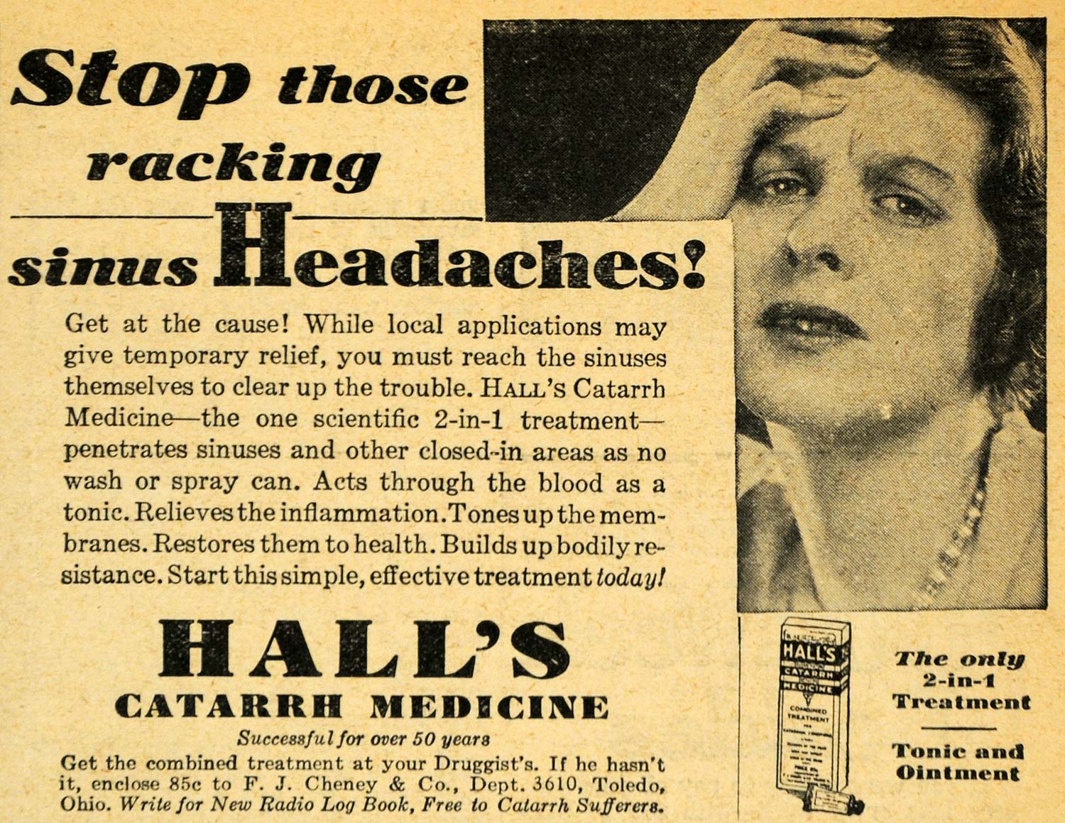 1929 Ad Sinus Headaches Hall's Catarrh Medicine Tonic - ORIGINAL HOH1