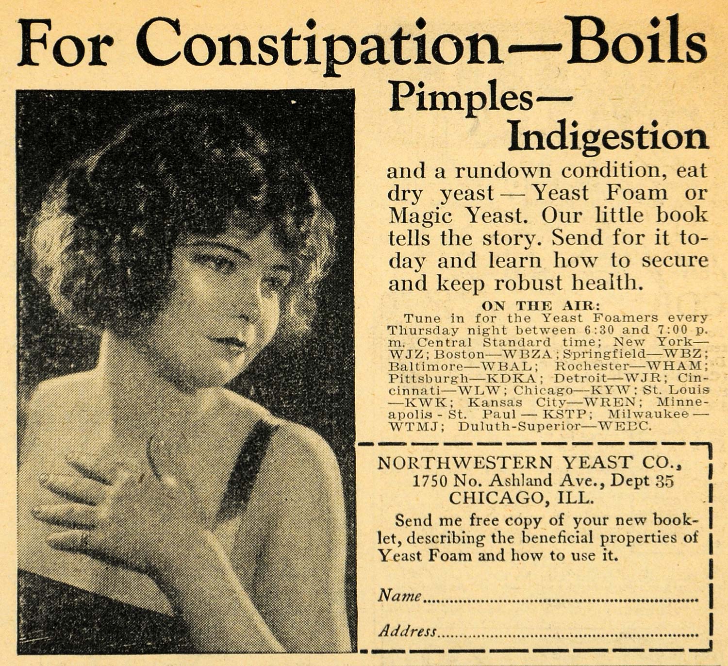 1929 Ad Northwestern Yeast Foam Magic Constipation Skin - ORIGINAL HOH1