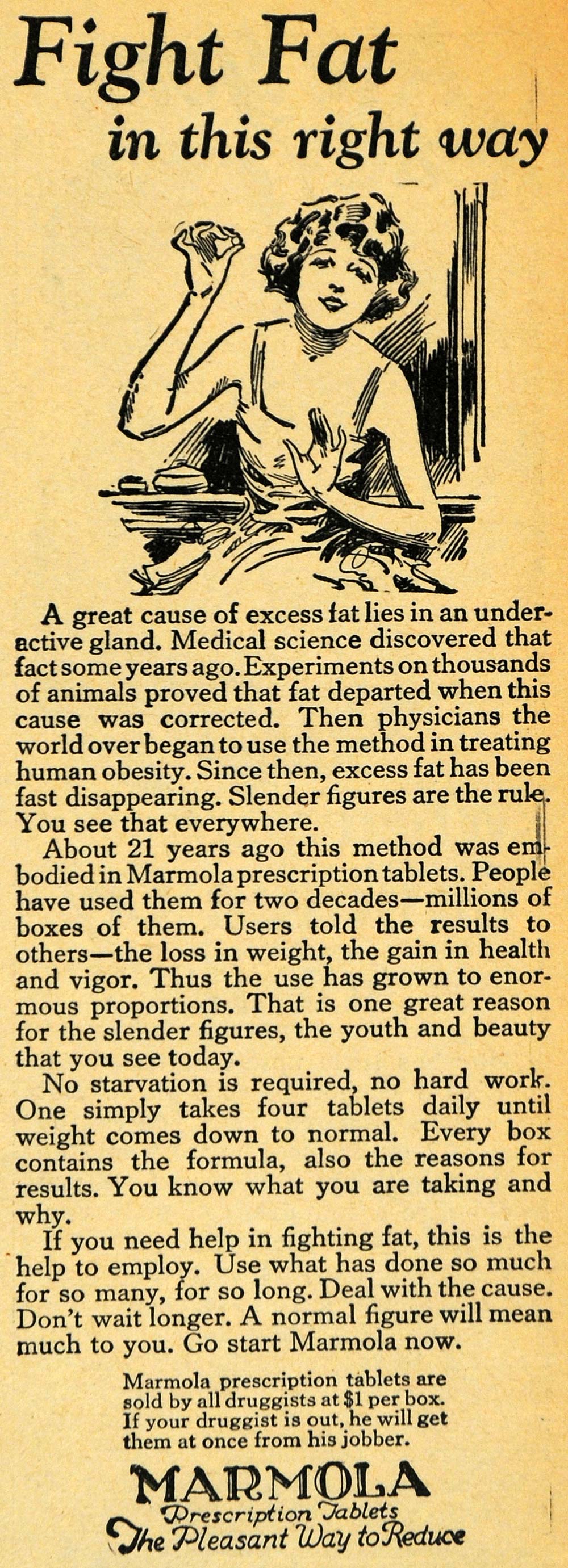 1929 Ad Fight Fat Marmola Tablets Weight Loss Obesity - ORIGINAL HOH1