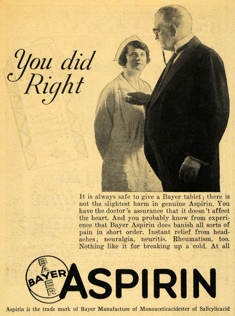 1929 Ad Bayer Aspirin Doctor Nurse Ache & Pain Relief - ORIGINAL HOH1