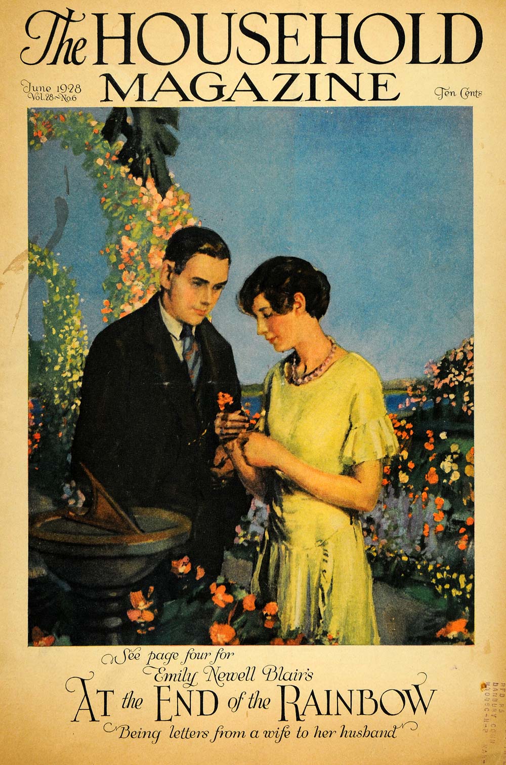 1928 Cover Household Magazine Sun Dial Lovers Romance - ORIGINAL HOH1