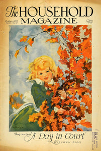 1928 Cover Household Magazine Child Playing Fall Leaves - ORIGINAL HOH1
