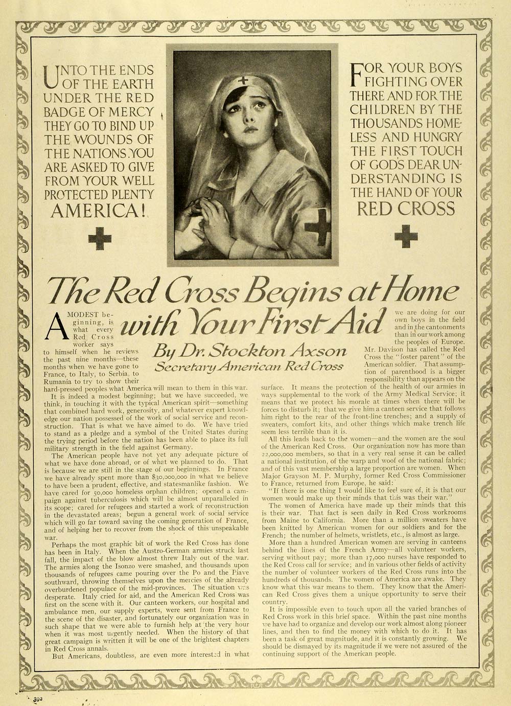 1918 Article WWI Red Cross First Aid Dr. Stockton Axson - ORIGINAL HST1