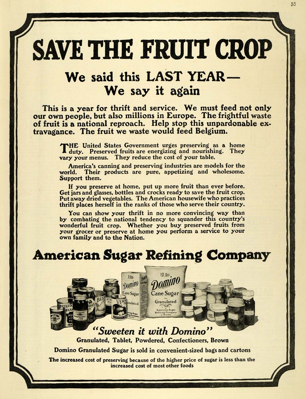 1917 Ad American Cane Sugar Refining Domino Fruit WWI - ORIGINAL HST1