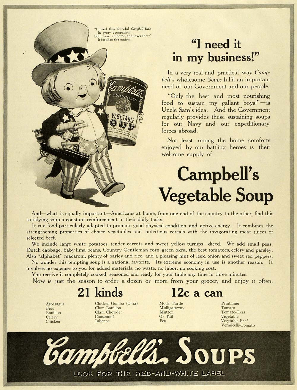 1918 Ad WWI Souper Kid Uncle Sam Military Campbell Soup - ORIGINAL HST1