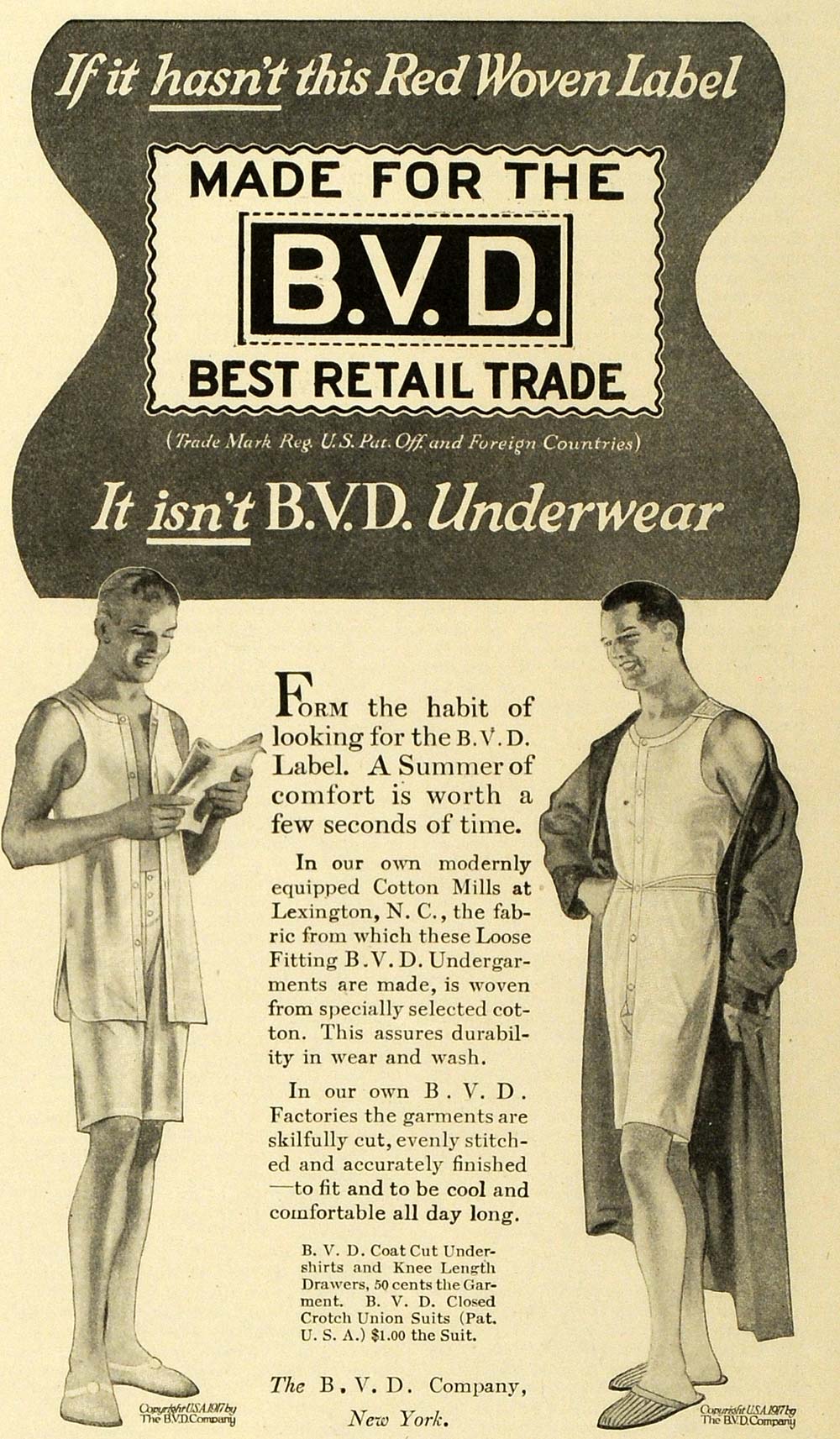 1917 Ad B. V. D. Men's Undergarments Underwear Fashion - ORIGINAL HST1