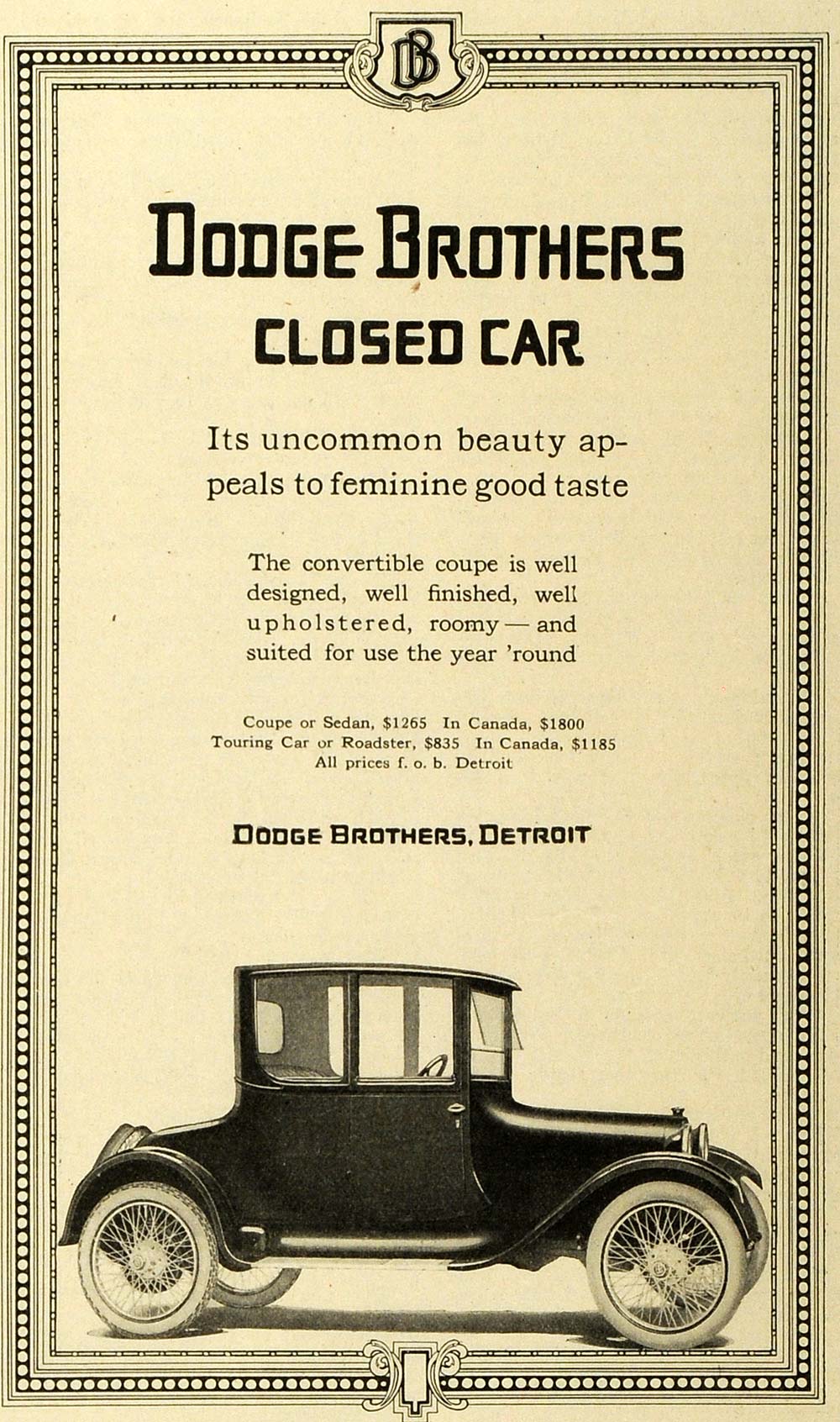1917 Ad Dodge Brothers Antique Convertible Coupe Closed - ORIGINAL HST1
