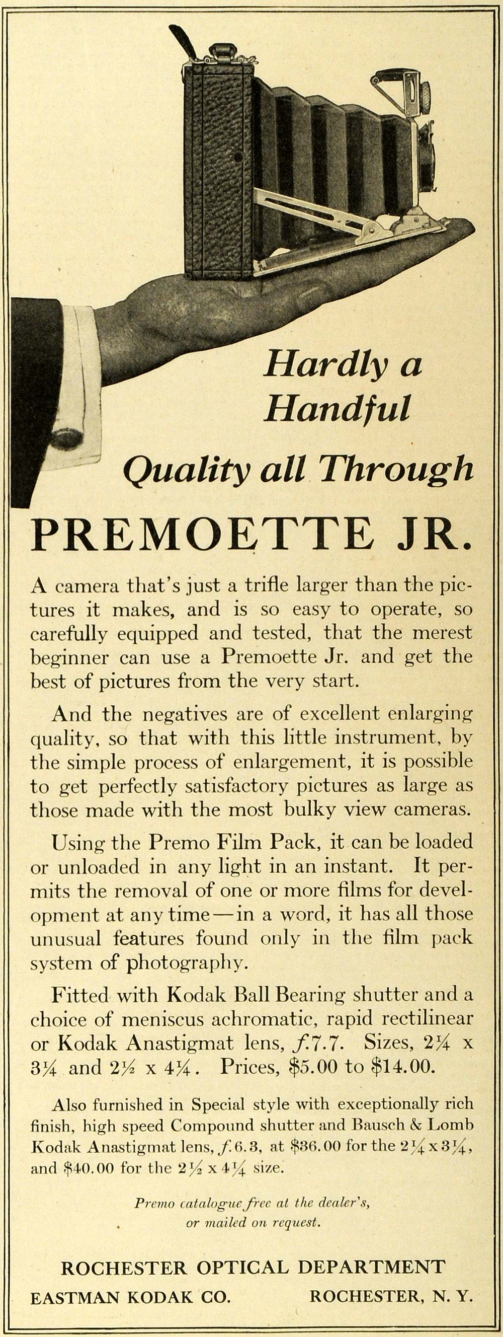 1917 Ad Rochester Optical Premoette Jr. Camera Kodak - ORIGINAL ADVERTISING HST1