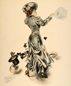 1908 Henry Hutt Victorian Woman March Wind Hats Print - ORIGINAL HUTT1
