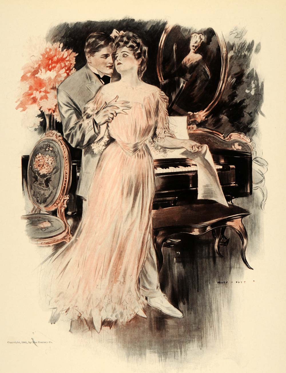 1908 Henry Hutt Victorian Woman Man Lovers Piano Print - ORIGINAL HUTT1