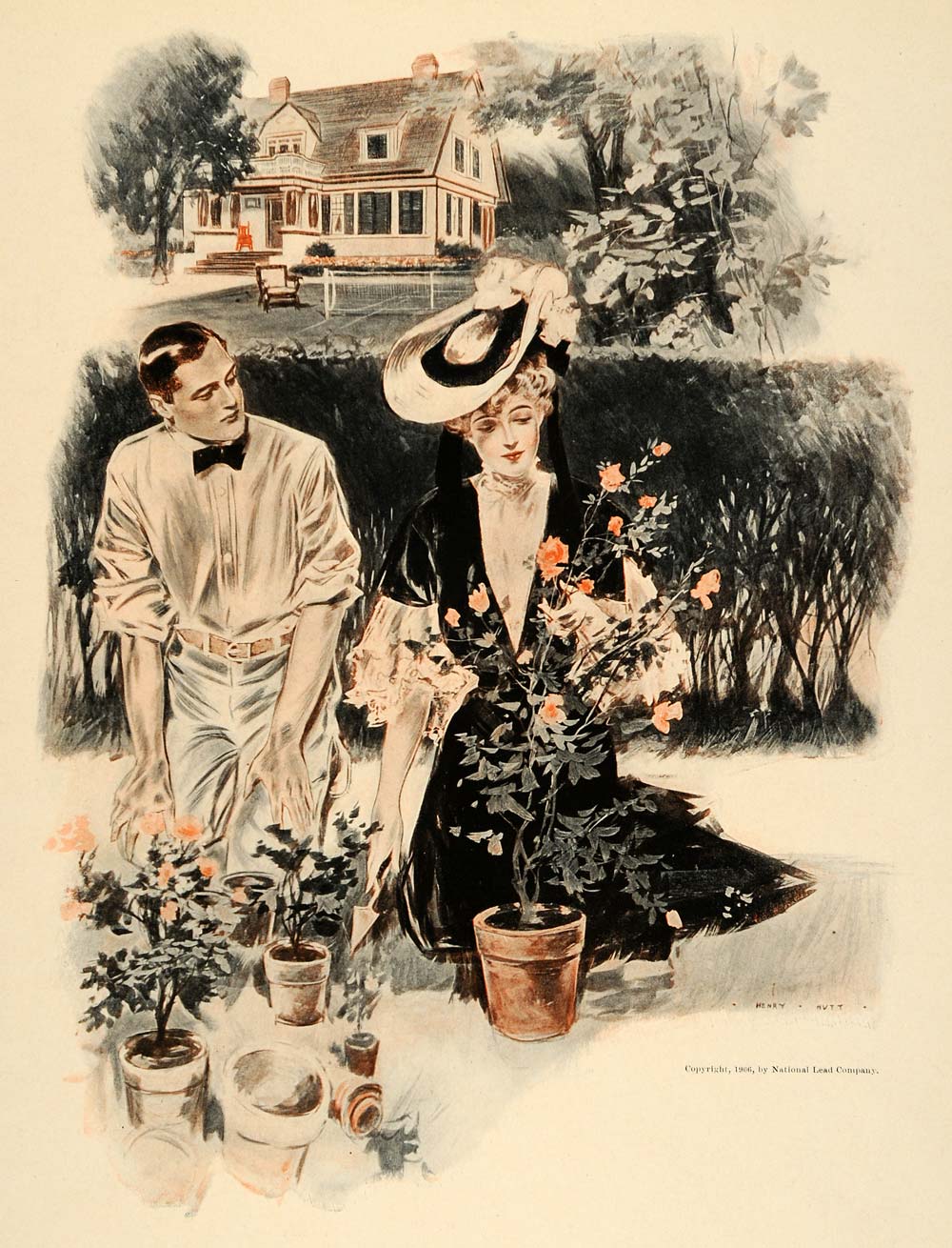1908 Henry Hutt Victorian Woman Country Garden Print - ORIGINAL HUTT1