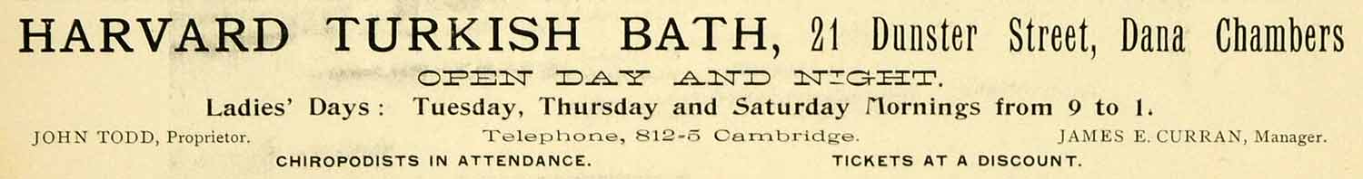 1899 Ad Harvard Turkish Bath Dunster St John Todd James Curran Dana HVD1