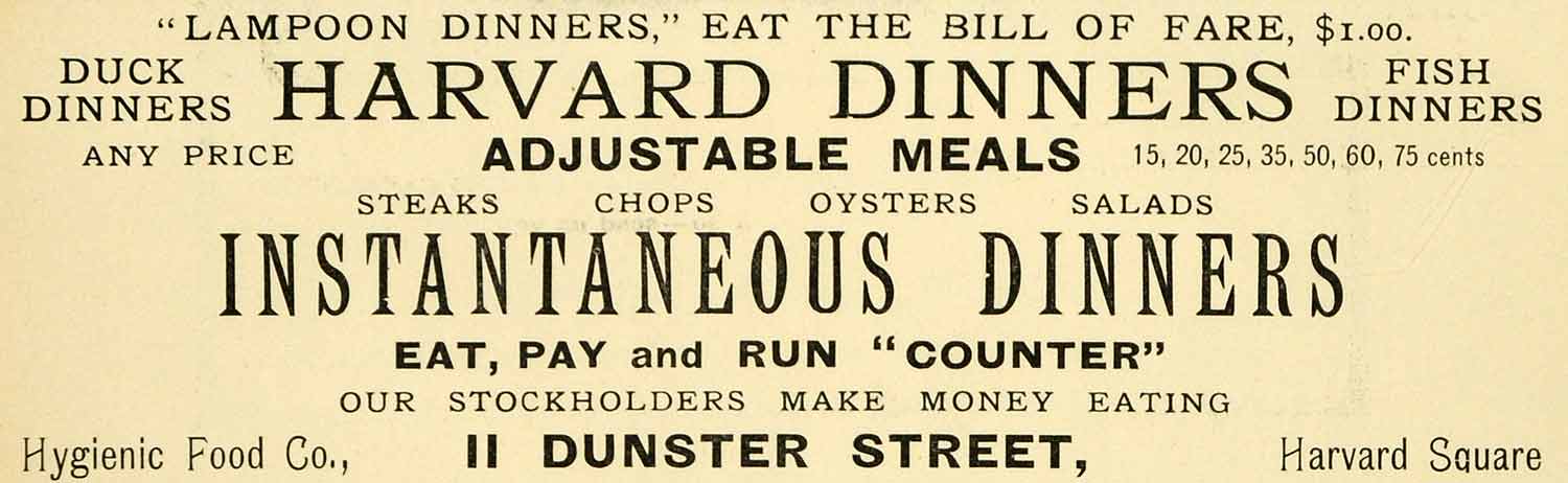 1899 Ad Dunster St Hygienic Food Co Harvard Square Lampoon Dinner Meal HVD1