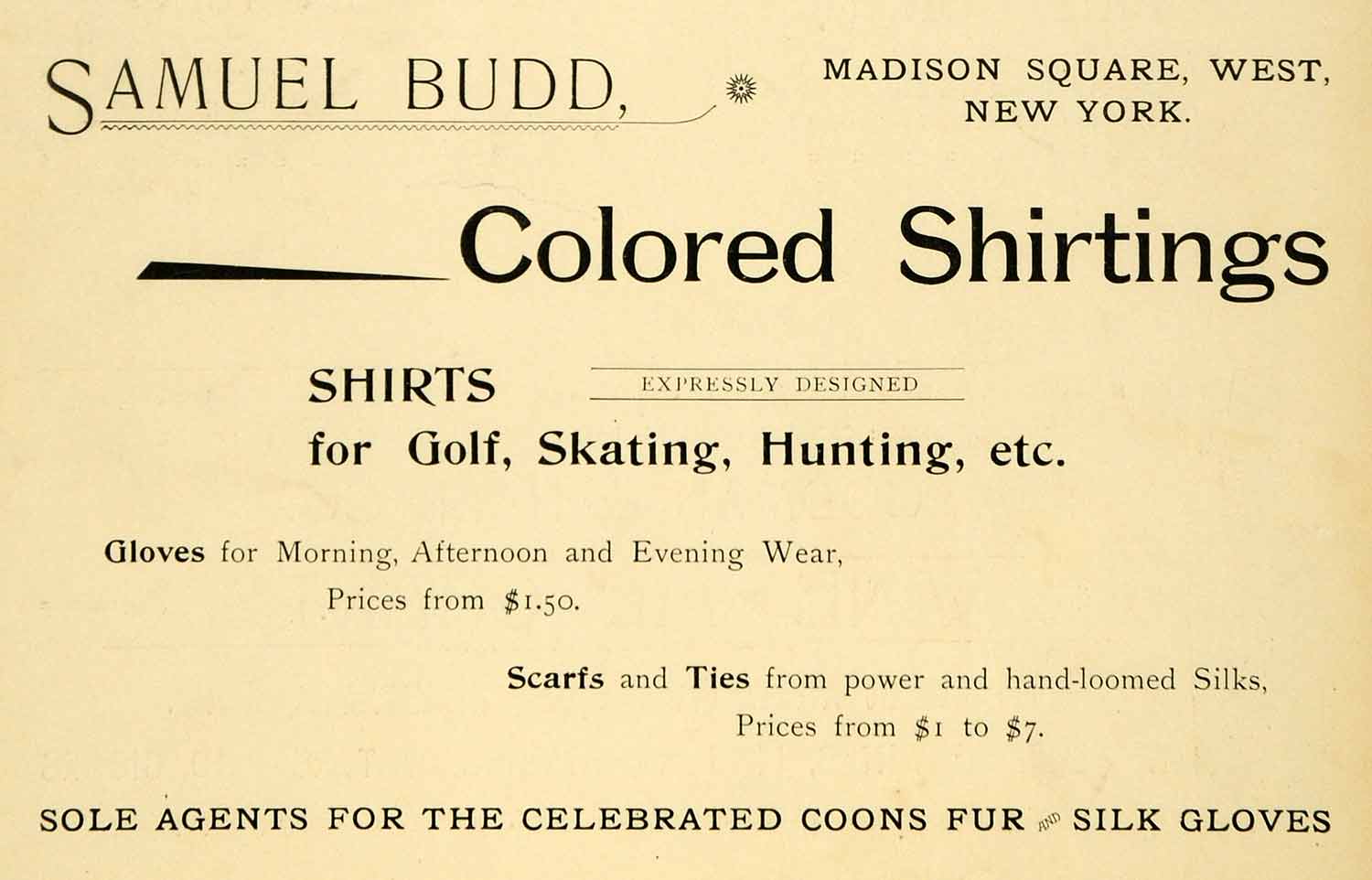 1899 Ad Samuel Budd Madison Square New York Shirts Gloves Scarfs Ties Fur HVD1
