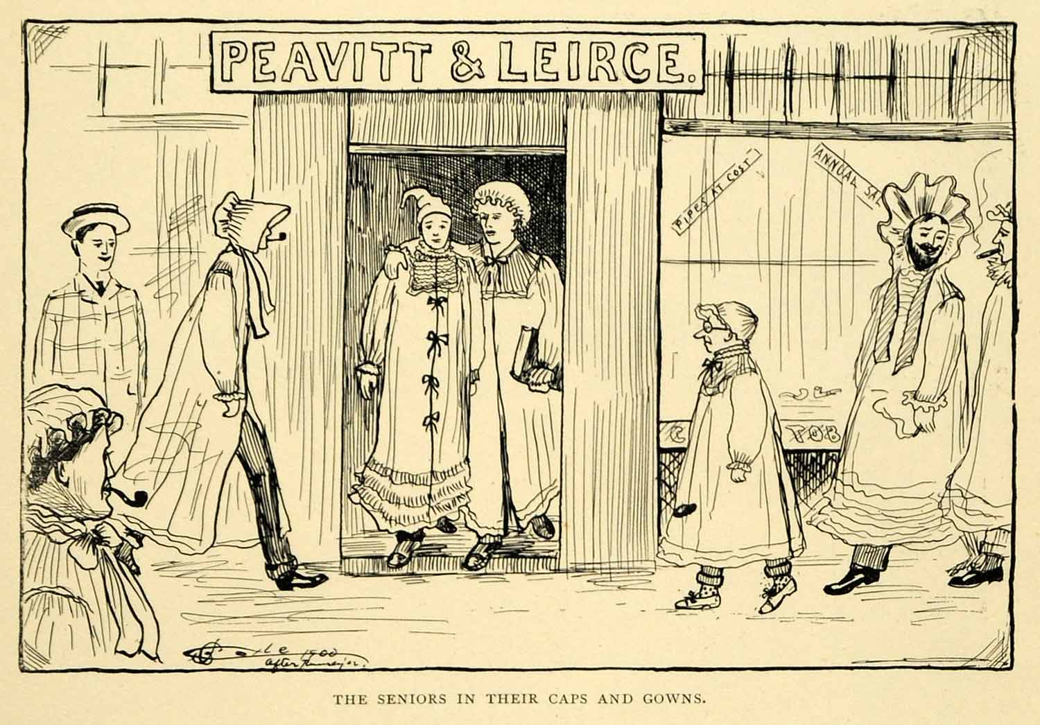 1899 Print Leavitt Peirce Harvard Lampoon Cap Gown Humor Student Graduation HVD1
