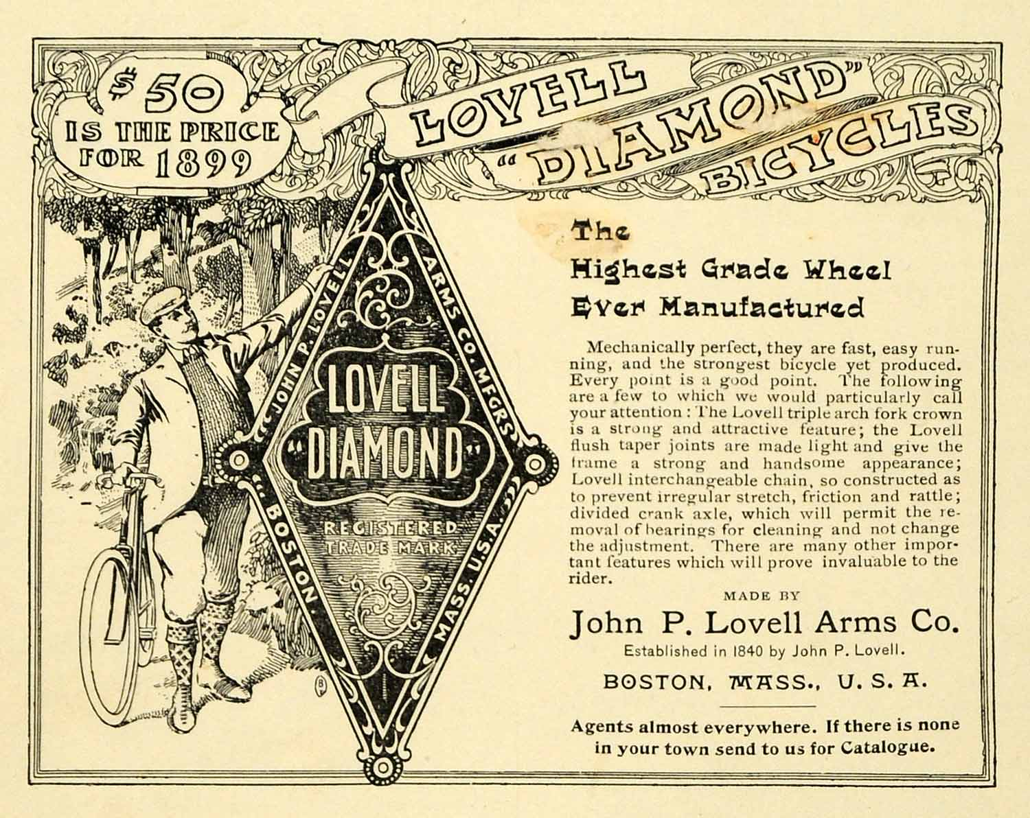 1899 Ad Harvard Lampoon John Lovell Arms Diamond Bicycle Boston Costum