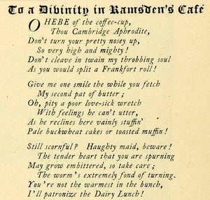 1901 Print Harvard Lampoon Poem Waitress Romance Humor Ramsdens Cafe HVD1