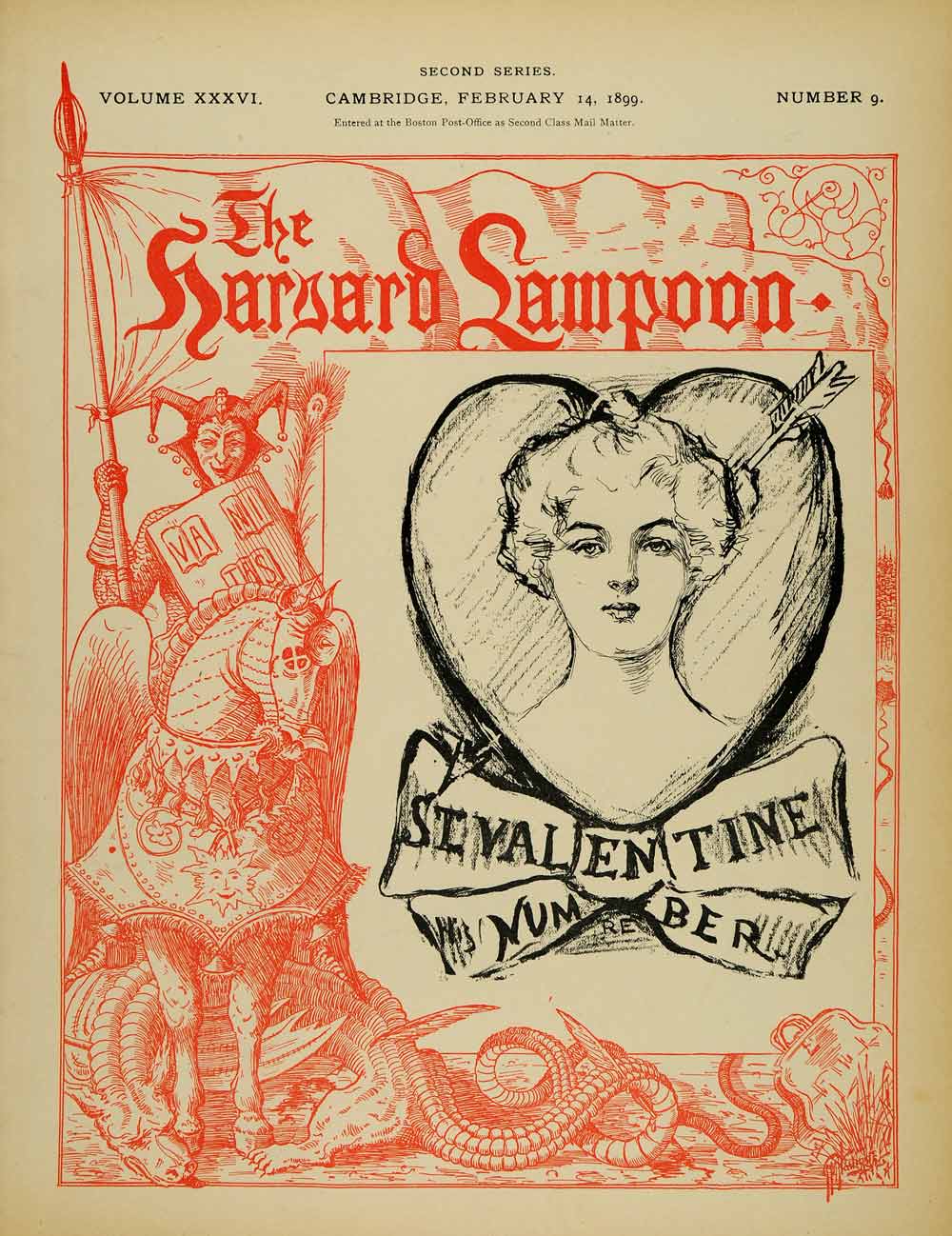 1899 Cover Harvard Lampoon University Valentine Heart Arrow Jester Lampy HVD1