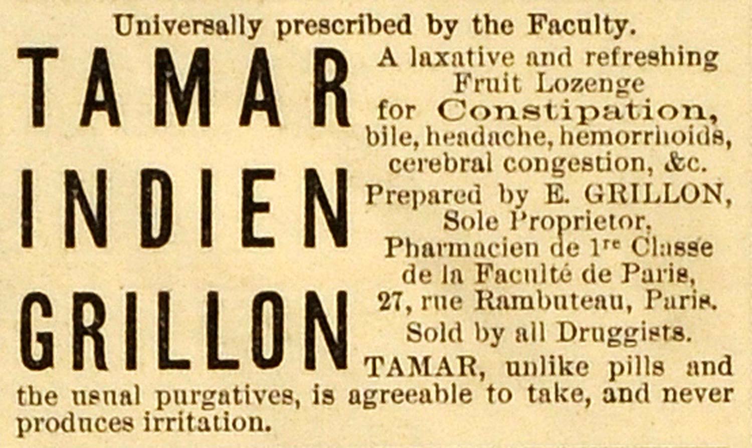 1883 Ad Tamar Indien Grillon Laxative Purgative Vintage Medication Remedy HW1