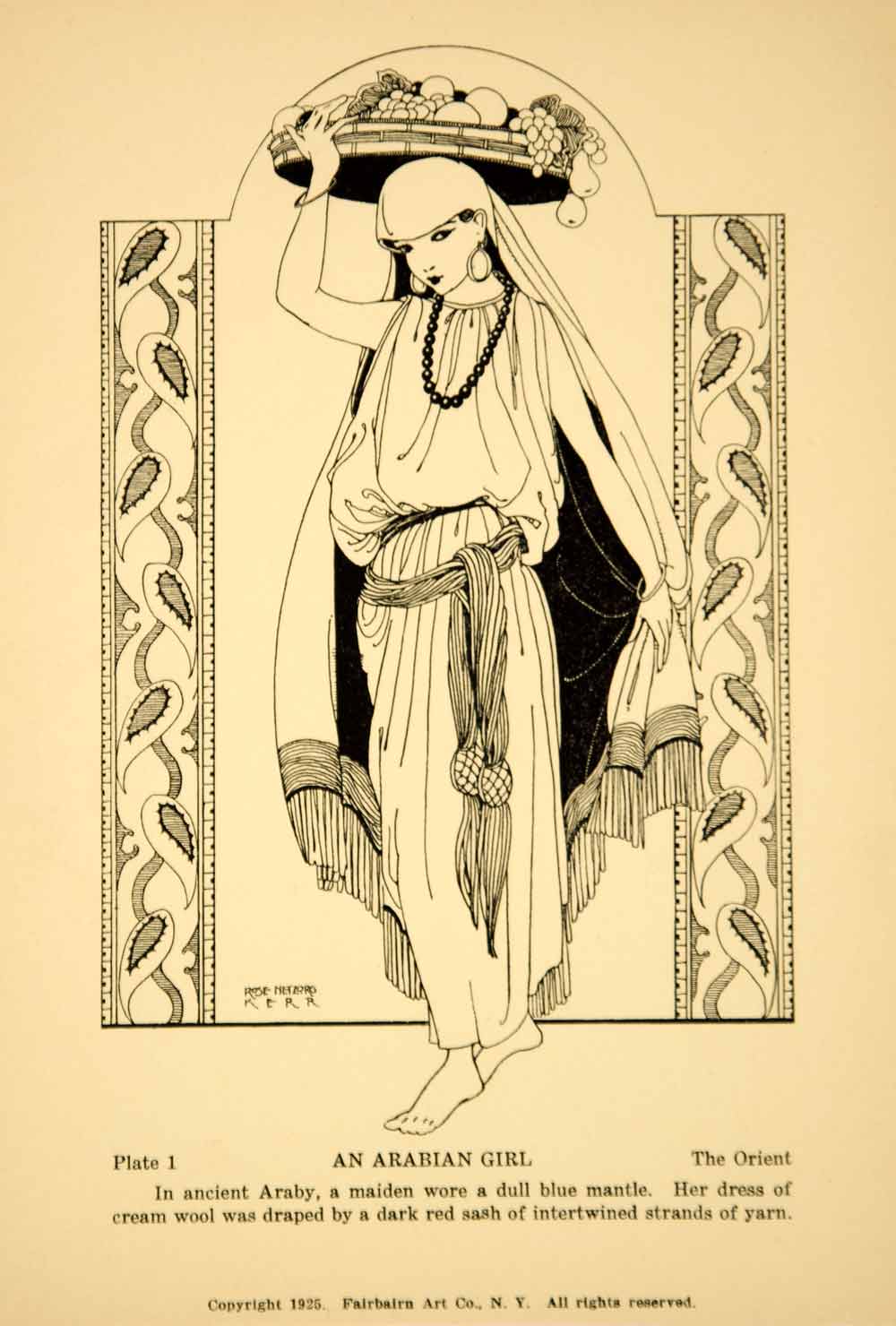 1925 Lithograph Arab Woman Traditional Dress Veil Costume Rose Netzorg Kerr Art