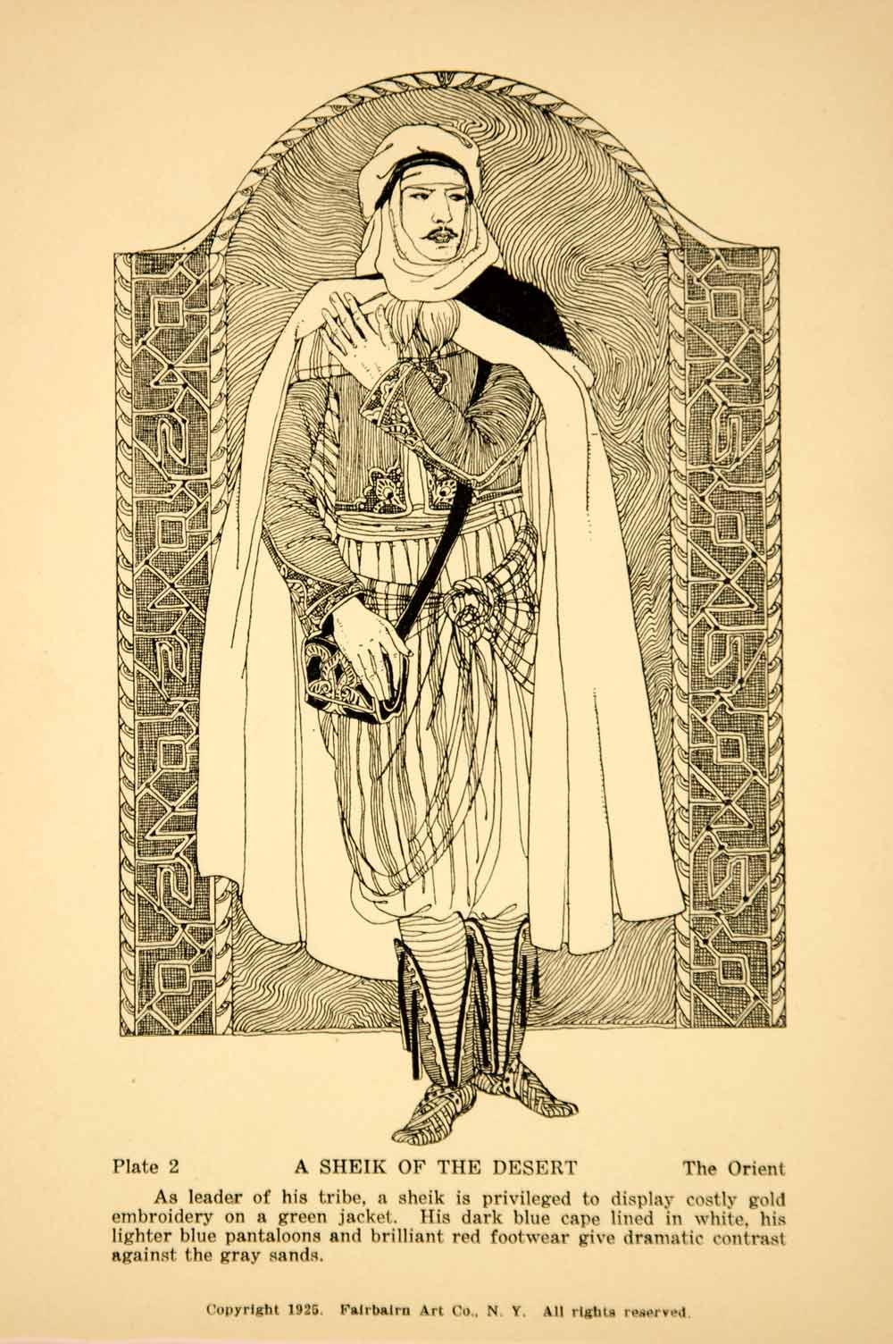 1925 Lithograph Arabian Sheik Traditional Costume Keffiyeh Rose Netzorg Kerr Art